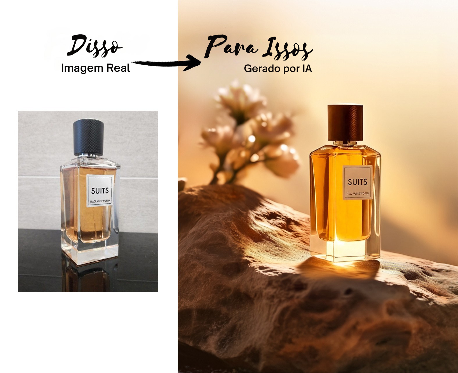 foto simples de um perfume e foto de um perfume feito por ia